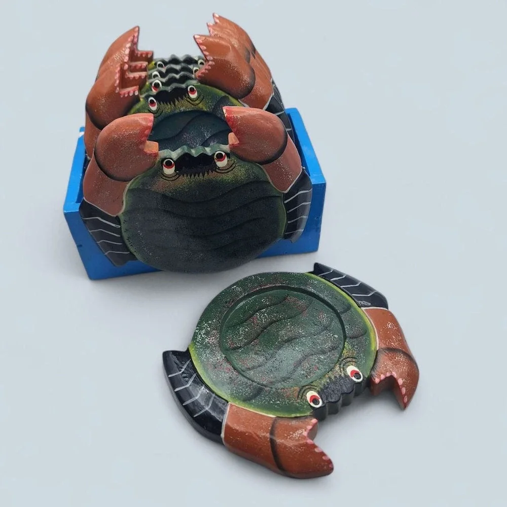 Wooden Crab Coaster Set Holder Nautical‎ Coastal Decor Tableware Painted